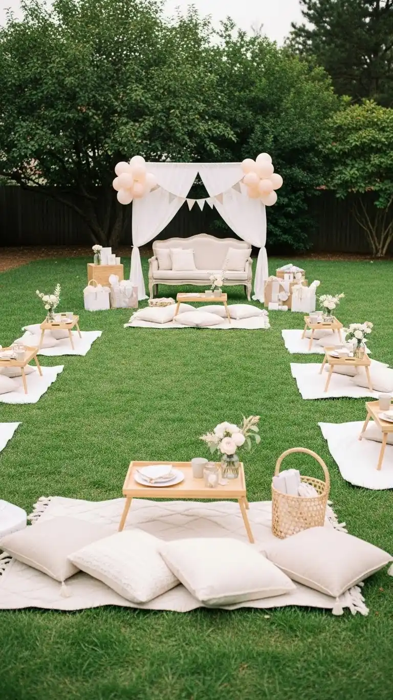 23 Simple Baby Shower Ideas for a Memorable Day 20 16. Calm and Airy Backyard Baby Shower Layout