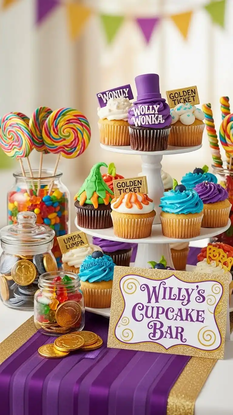 Fun & Colorful Willy Wonka Birthday Party Ideas 20 16. Character-Themed Cupcake Bar