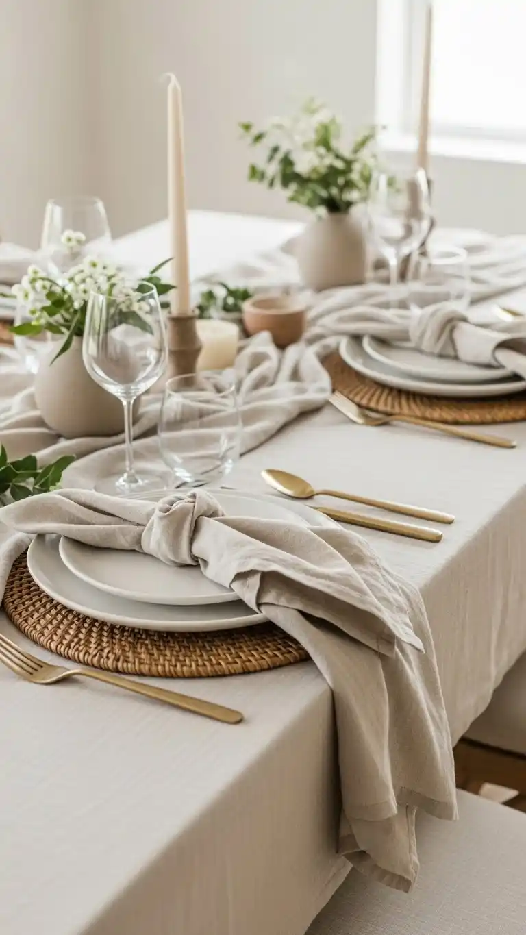 Simple & Chic Summer Dinner Party Table Settings 20 16. Soft Neutral Summer Table Setting with Linen Textures