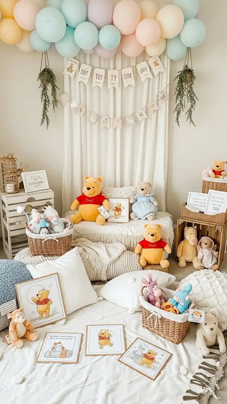 19 Winnie the Pooh Baby Shower Ideas for a Magical Day 20 16. Soft Toy Stations for Kids