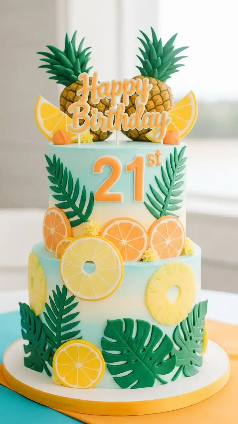 21st Birthday Party Cakes: 25 Fun & Stylish Ideas 20 16. Tropical-Theme Cake with Pineapple or Citrus Elements