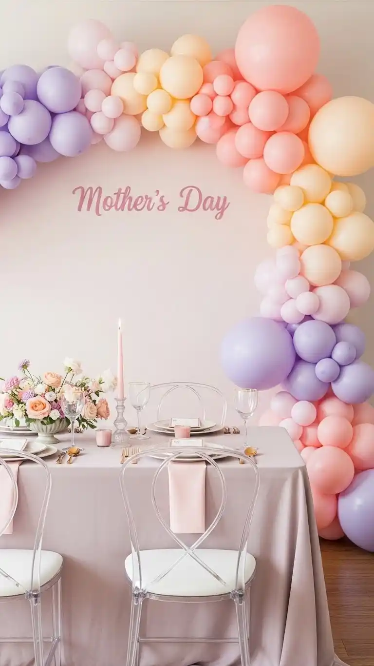 Mothers Day Table Settings Ideas You’ll Love 21 17. A Pastel Balloon Garland as a Whimsical Table Backdrop
