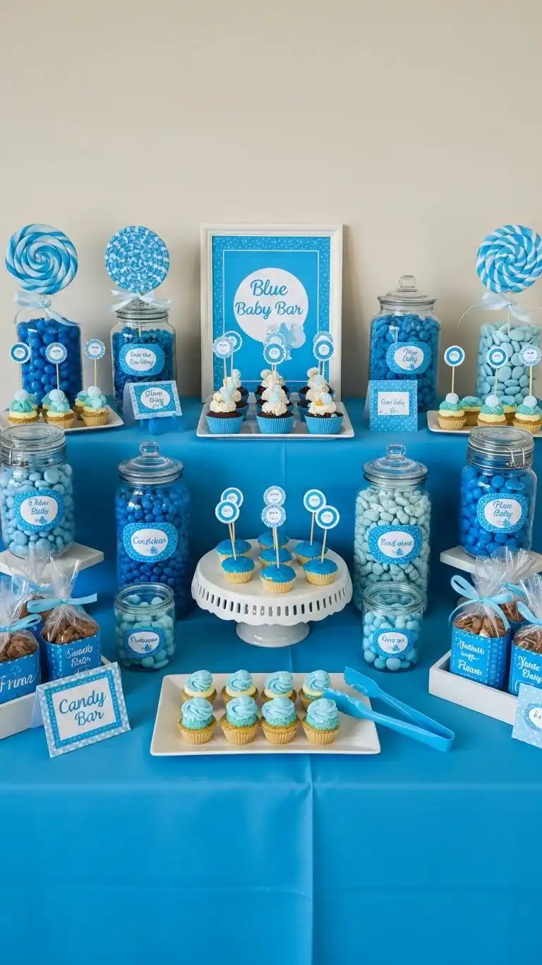 Blue Baby Shower Ideas: 23 Sweet & Stylish Looks 22 18. Blue Candy Bar and Treat Station