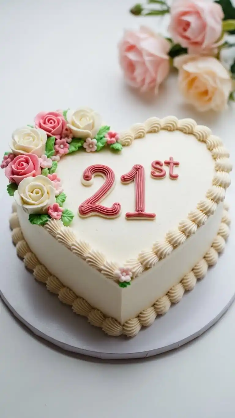21st Birthday Party Cakes: 25 Fun & Stylish Ideas 22 18. Heart-Shaped Cake with Decorative Lettering for 21 Celebrations