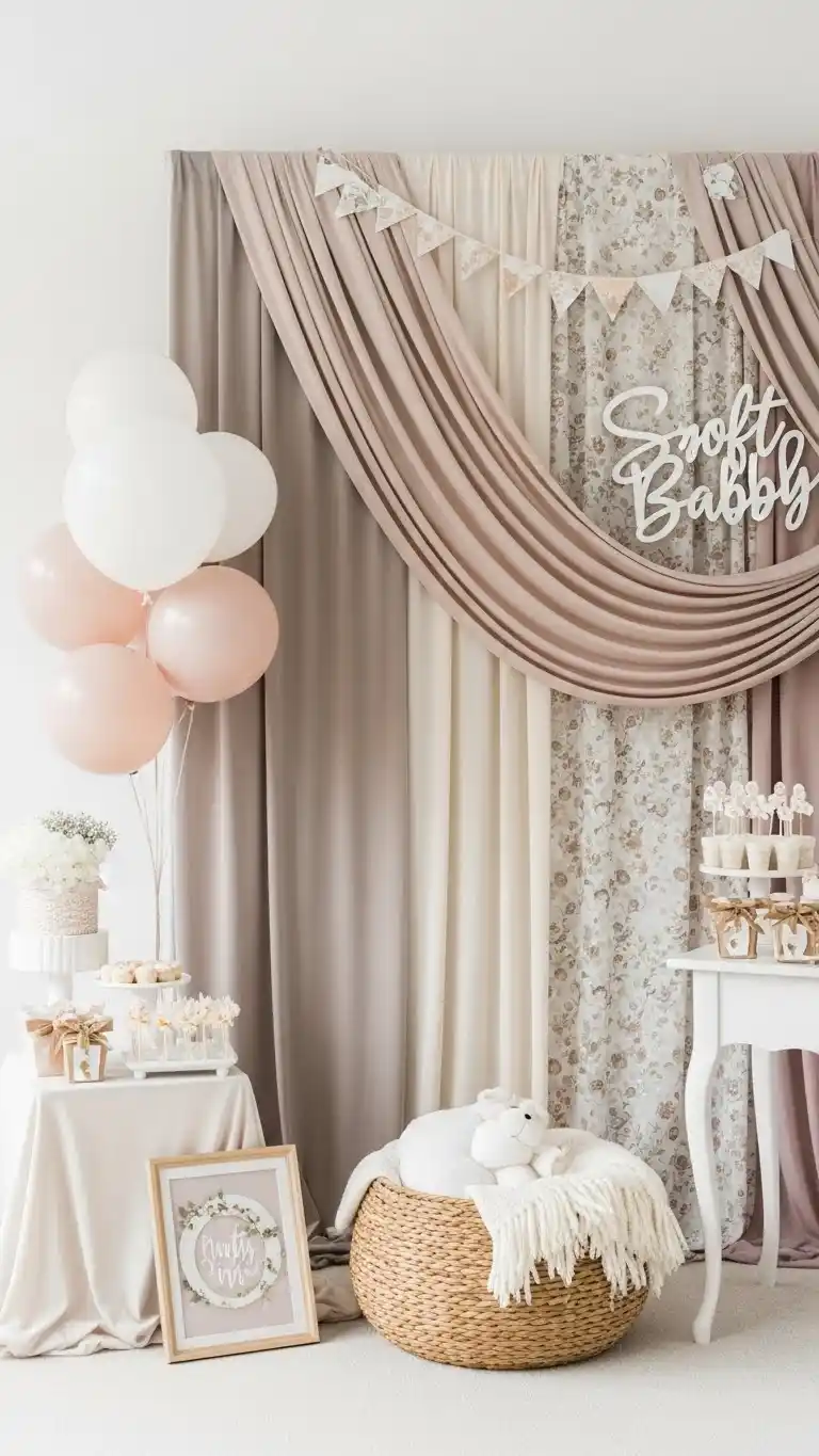 23 Simple Baby Shower Ideas for a Memorable Day 22 18. Soft Themed Backdrop Using Fabric