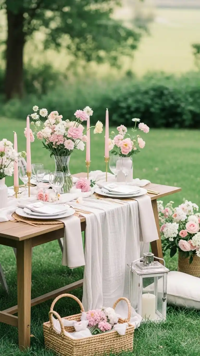 Mothers Day Table Settings Ideas You’ll Love 23 19. A Garden-Party Outdoor Table Setup with Soft Décor Elements