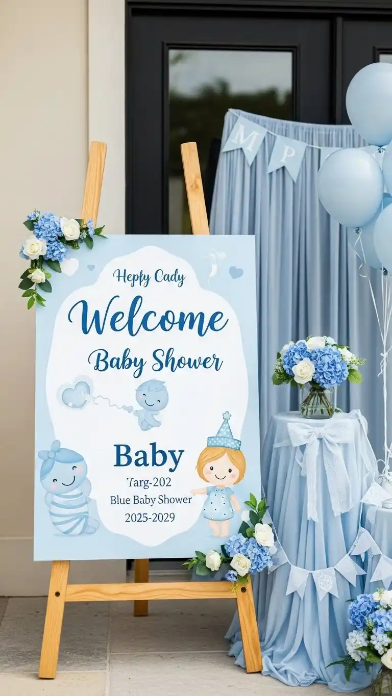 Blue Baby Shower Ideas: 23 Sweet & Stylish Looks 23 19. Blue Baby Shower Welcome Sign