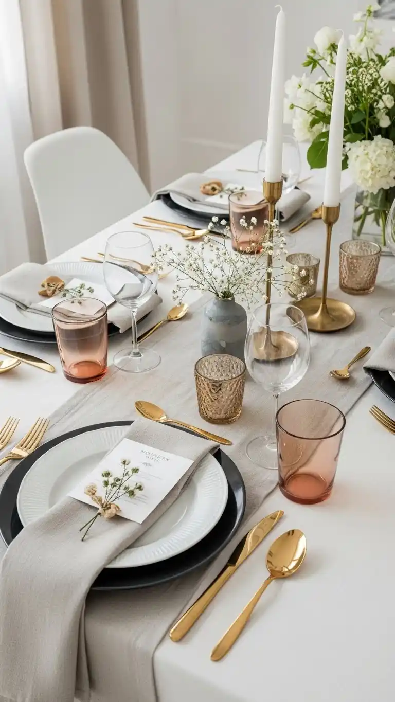 Simple & Chic Summer Dinner Party Table Settings 23 19. Modern Chic Summer Table Setting with Metallic Accents