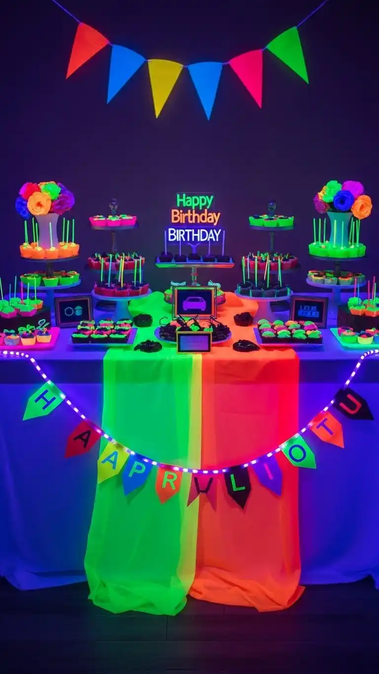Birthday Table Ideas for a Memorable Celebration 23 19. Neon Glow Party Table Setup