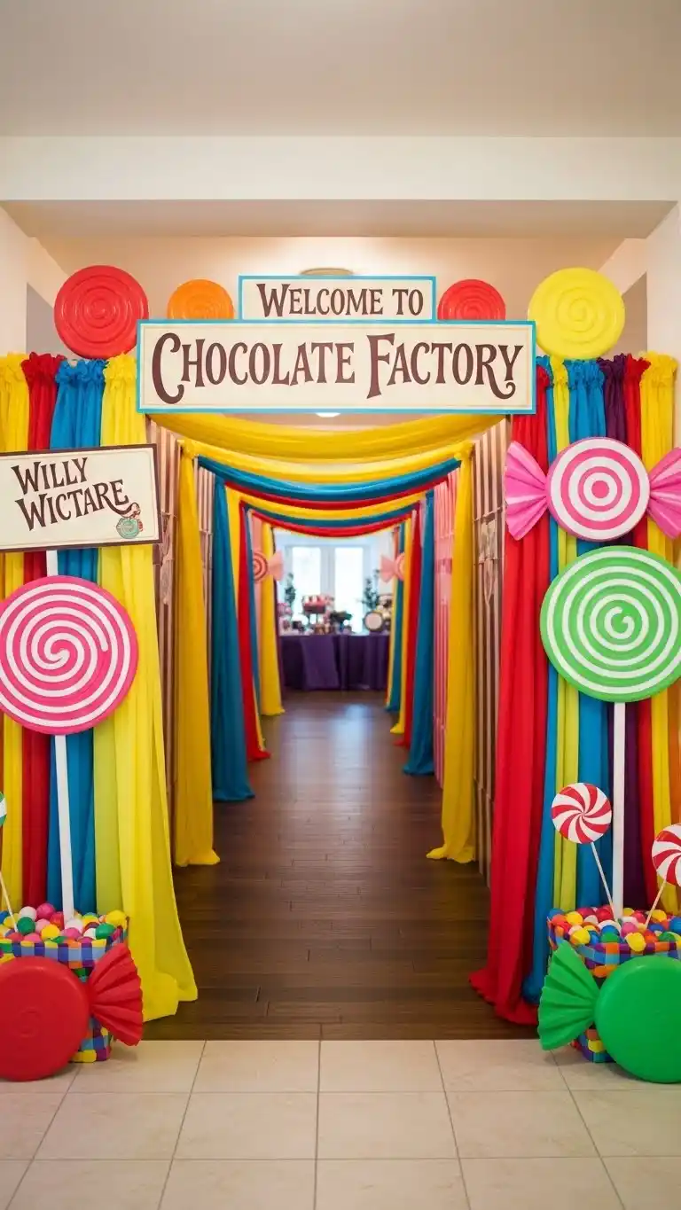Fun & Colorful Willy Wonka Birthday Party Ideas 6 2. Candy Factory Entrance Tunnel