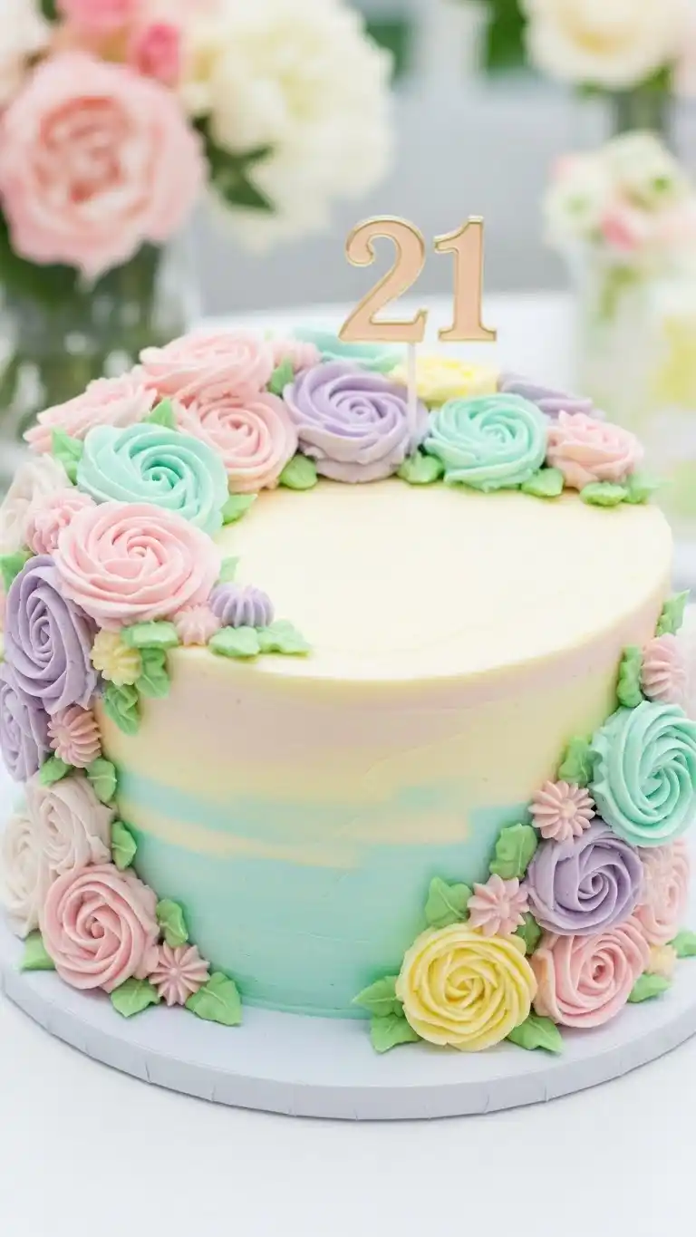 21st Birthday Party Cakes: 25 Fun & Stylish Ideas 6 2. Floral Buttercream Cake with Soft Pastel Tones