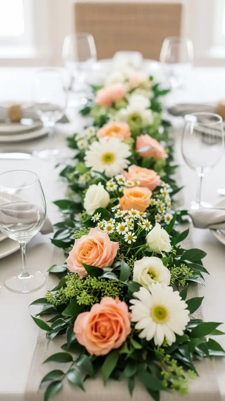 Mothers Day Table Settings Ideas You’ll Love 6 2. Floral Runner with Fresh Blooms for a Garden-Inspired Table