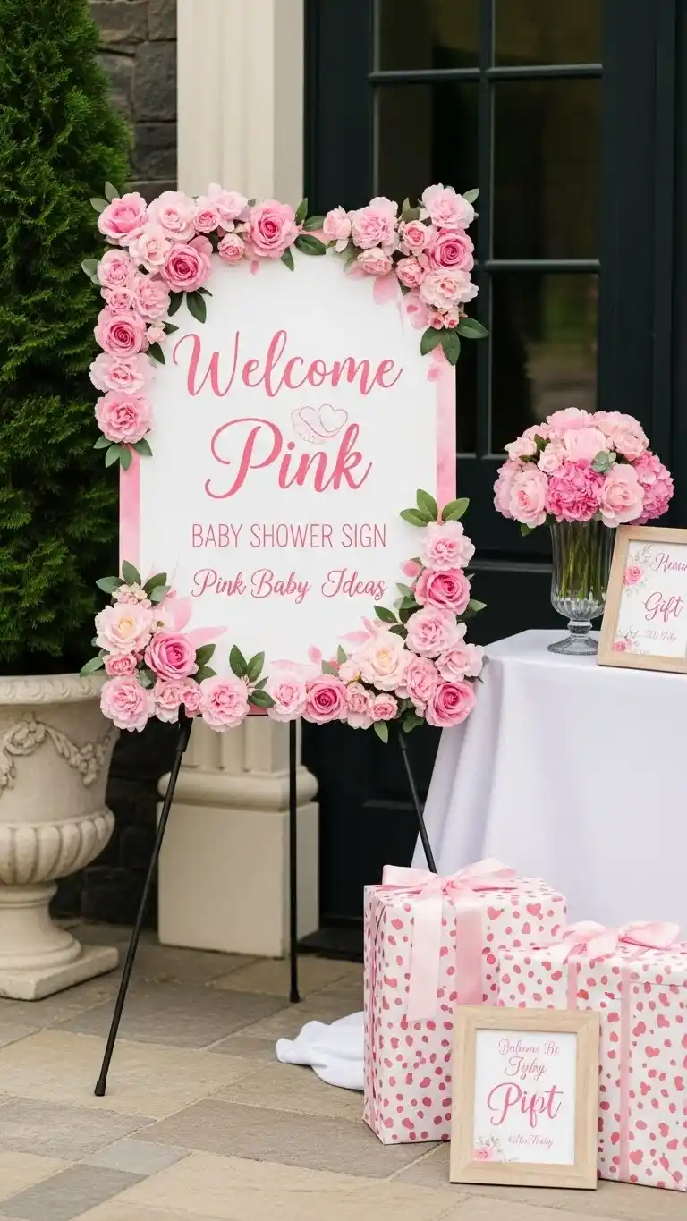 Pink Baby Shower: 25 Stylish Party Inspirations 6 2. Pink Floral Welcome Sign