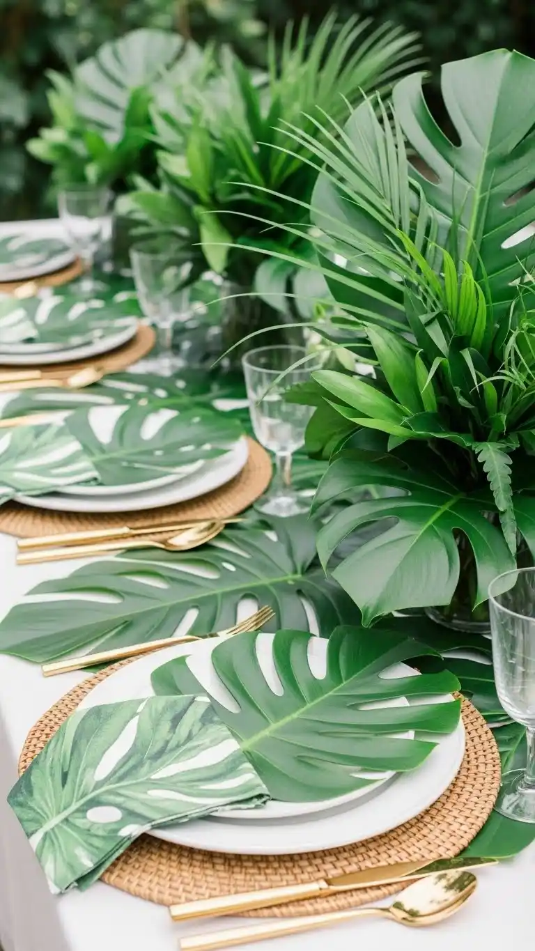 Simple & Chic Summer Dinner Party Table Settings 6 2. Tropical Greenery Table Setting with Lush Leaf Elements