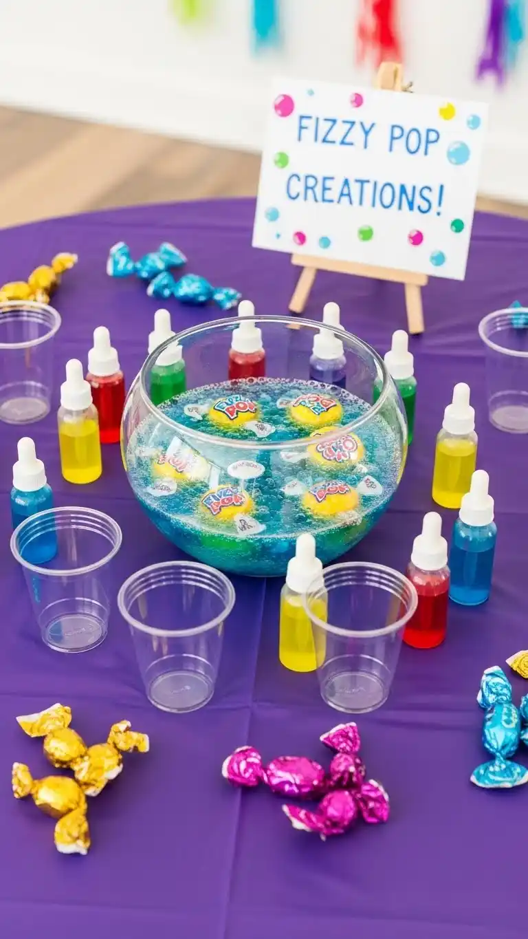 Fun & Colorful Willy Wonka Birthday Party Ideas 25 21. Fizzy Pop Activity Table