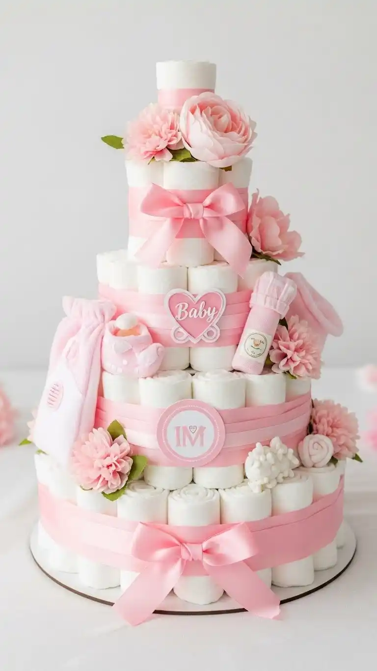 Pink Baby Shower: 25 Stylish Party Inspirations 26 22. Pink Diaper Cake with Floral Touch