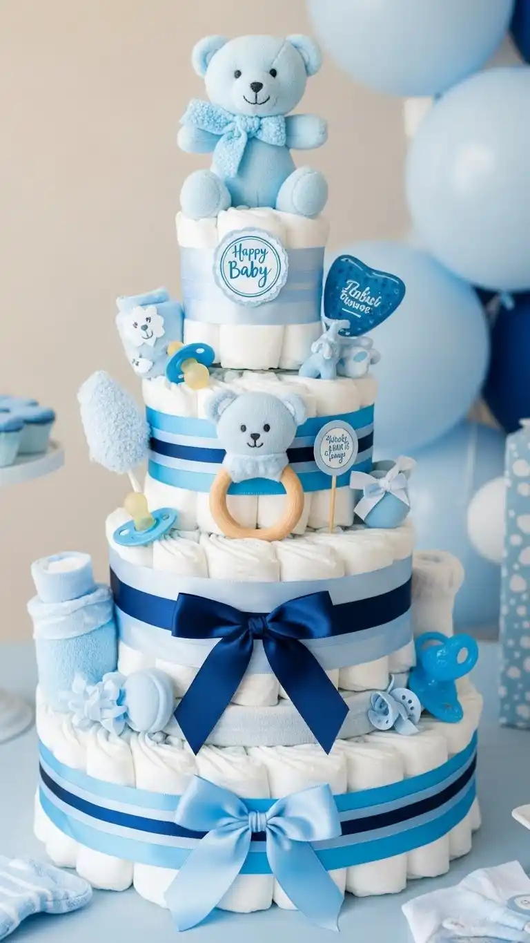 Blue Baby Shower Ideas: 23 Sweet & Stylish Looks 27 23. Blue-Themed Diaper Cake