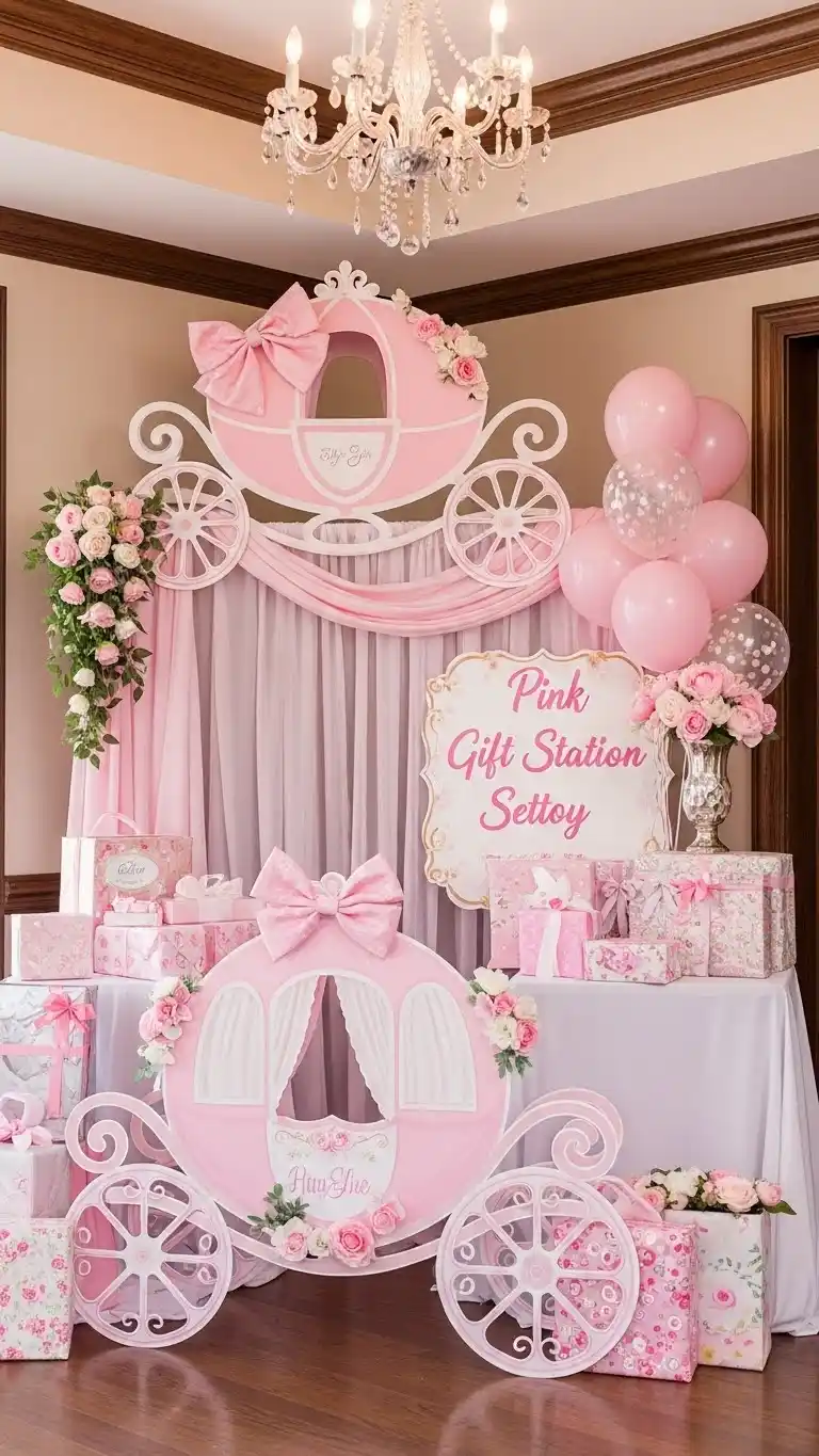 Pink Baby Shower: 25 Stylish Party Inspirations 27 23. Pink Carriage Gift Station Setup