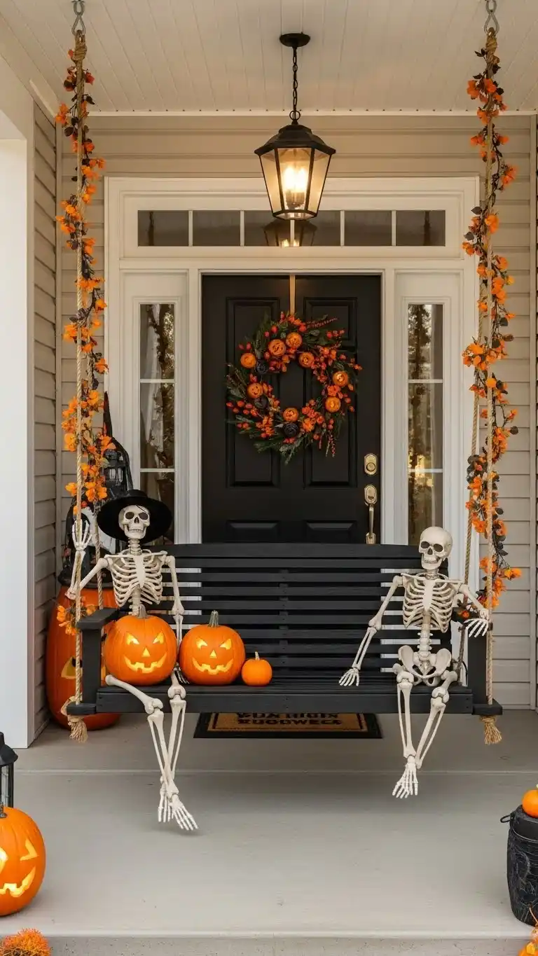 Outdoor Halloween Party Decor: 25 Spooky & Stylish Ideas 28 24. Spooky Porch Swing Display
