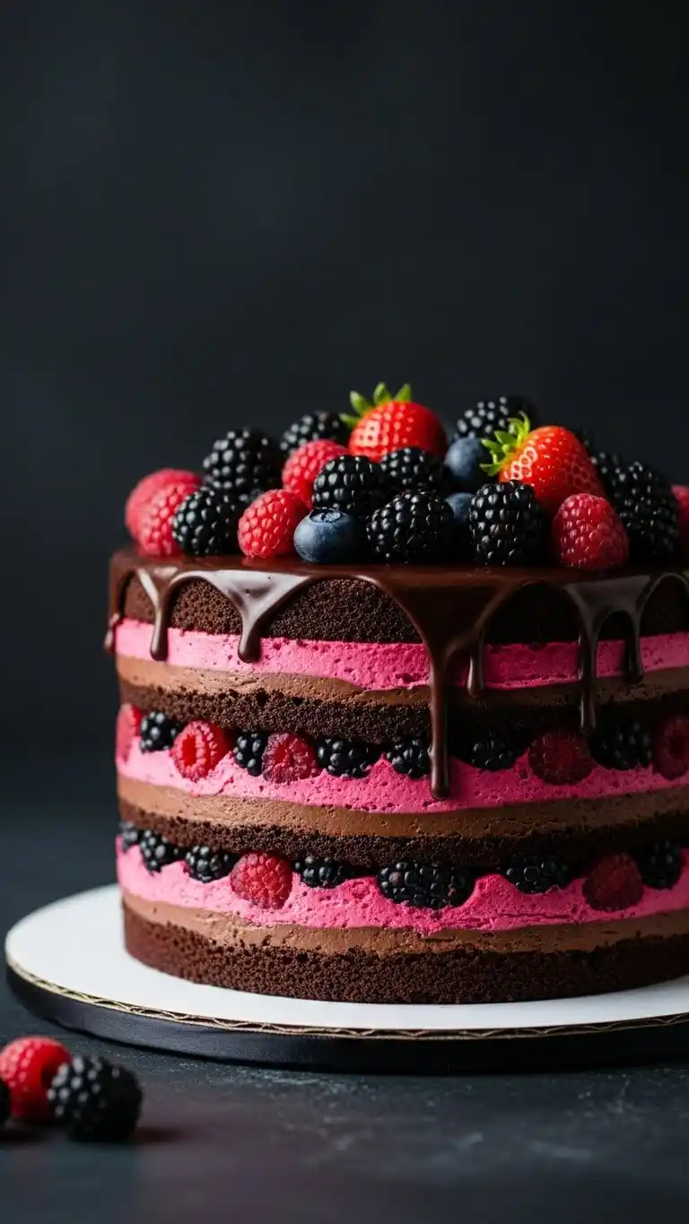 21st Birthday Party Cakes: 25 Fun & Stylish Ideas 29 25. Berry-Chocolate Layer Cake with Rich Color Contrasts