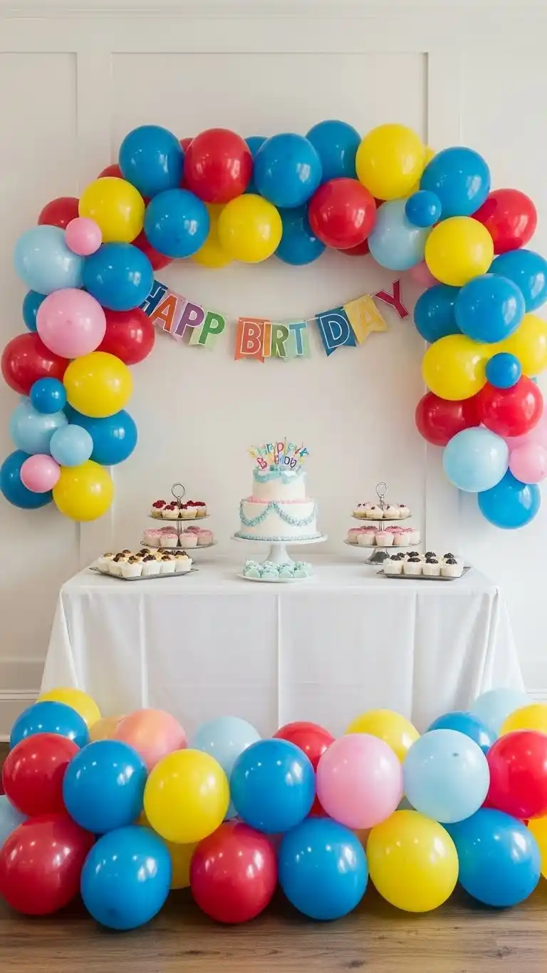 Simple Balloon Decorations for a Chic Celebration 30 26. Balloon Cake Table Surround