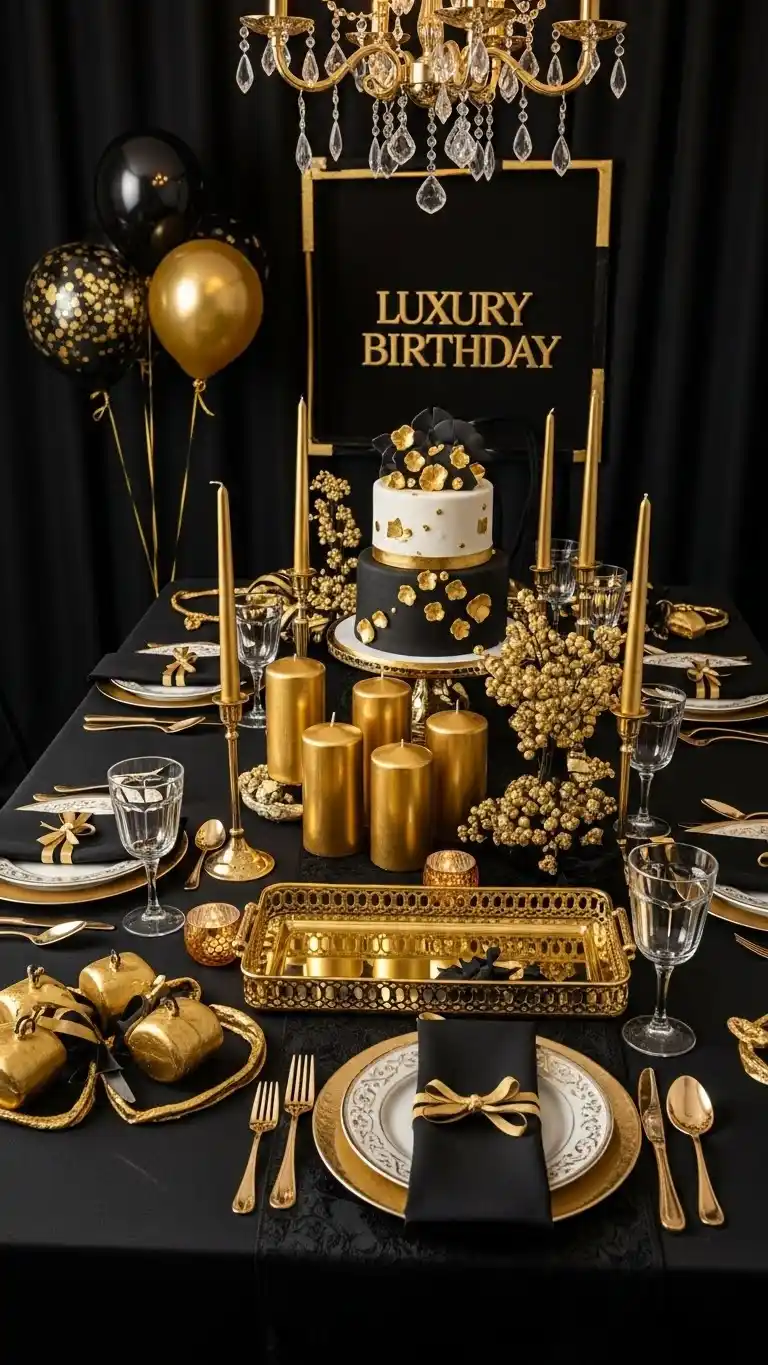 Birthday Table Ideas for a Memorable Celebration 30 26. Black & Gold Luxury Birthday Table