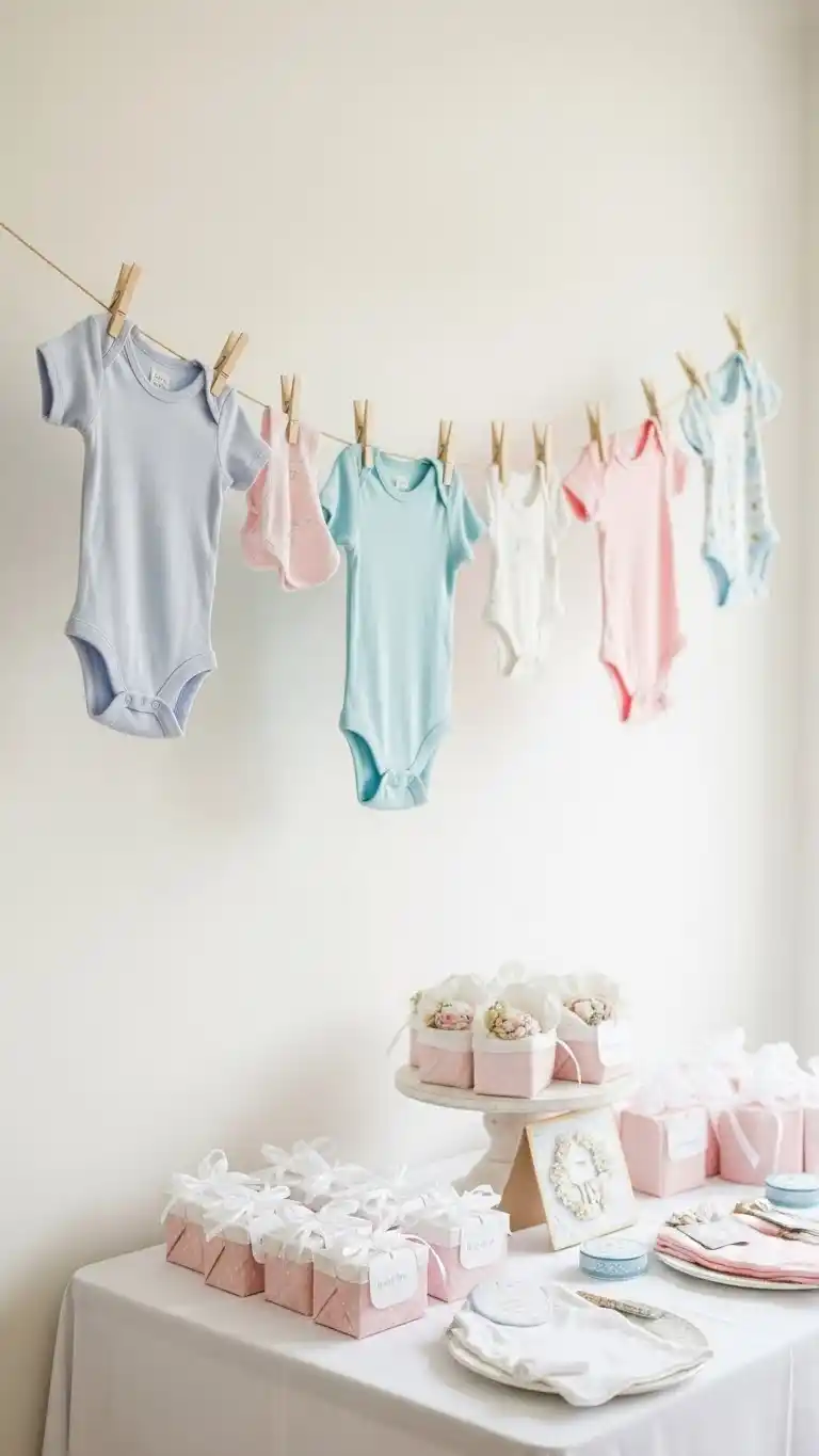 23 Simple Baby Shower Ideas for a Memorable Day 7 3. Baby Clothesline Display