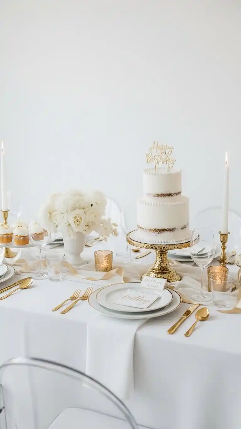 Birthday Table Ideas for a Memorable Celebration 7 3. Minimalist White and Gold Table