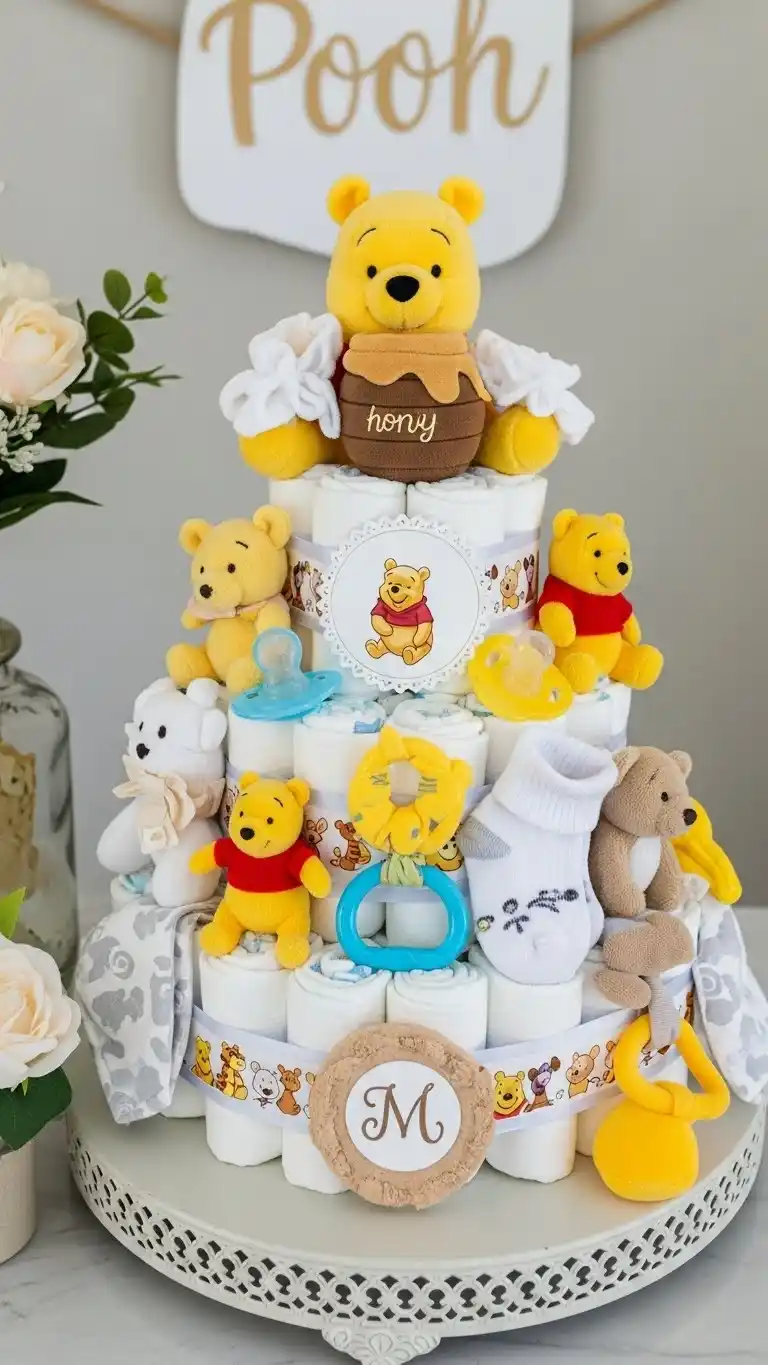 19 Winnie the Pooh Baby Shower Ideas for a Magical Day 7 3. Pooh Bear Diaper Cake