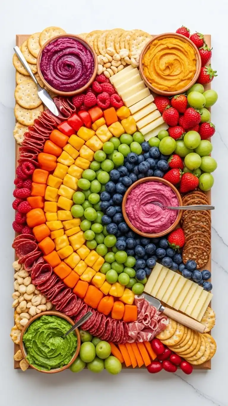 Vibrant & Chic Rainbow Party Ideas for Adults 7 3. Rainbow Charcuterie Snack Spread (No Pork Items)