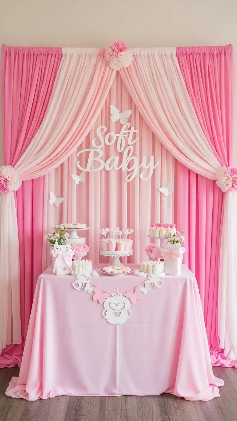 Pink Baby Shower: 25 Stylish Party Inspirations 7 3. Soft Pink Draped Backdrop