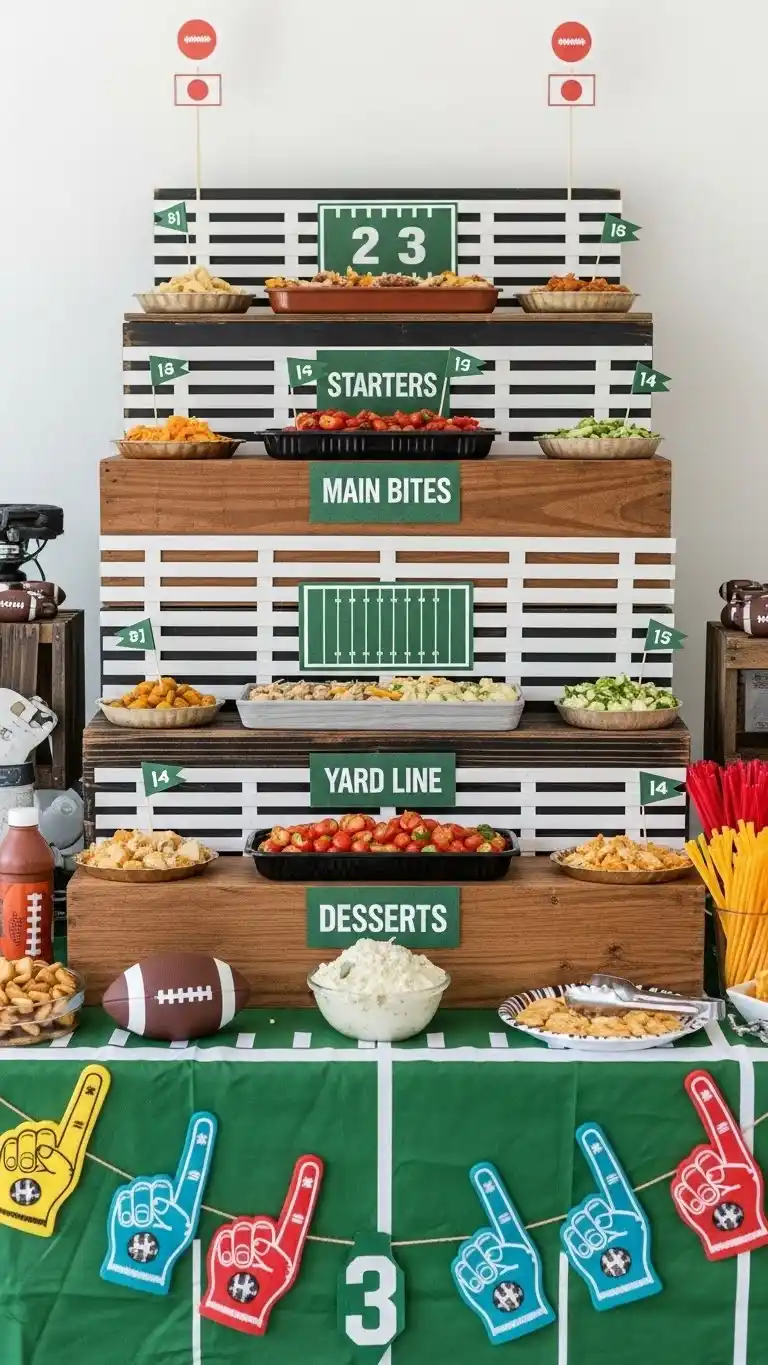 Score Big with These 23 Football Party Ideas 7 3. Stadium-Style Food Display Table