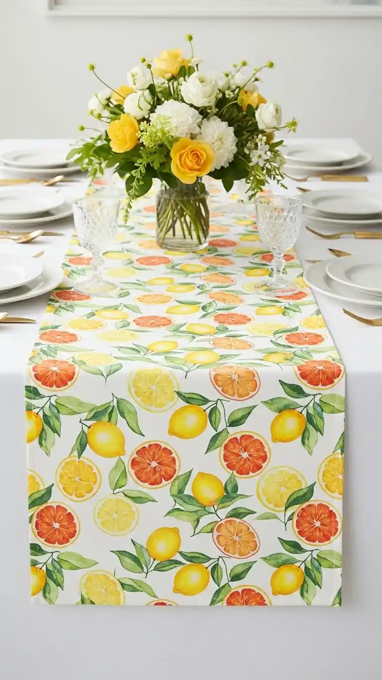 17 Fresh & Fun Citrus Themed Party Inspirations 8 4. Citrus-Patterned Table Linens and Runners