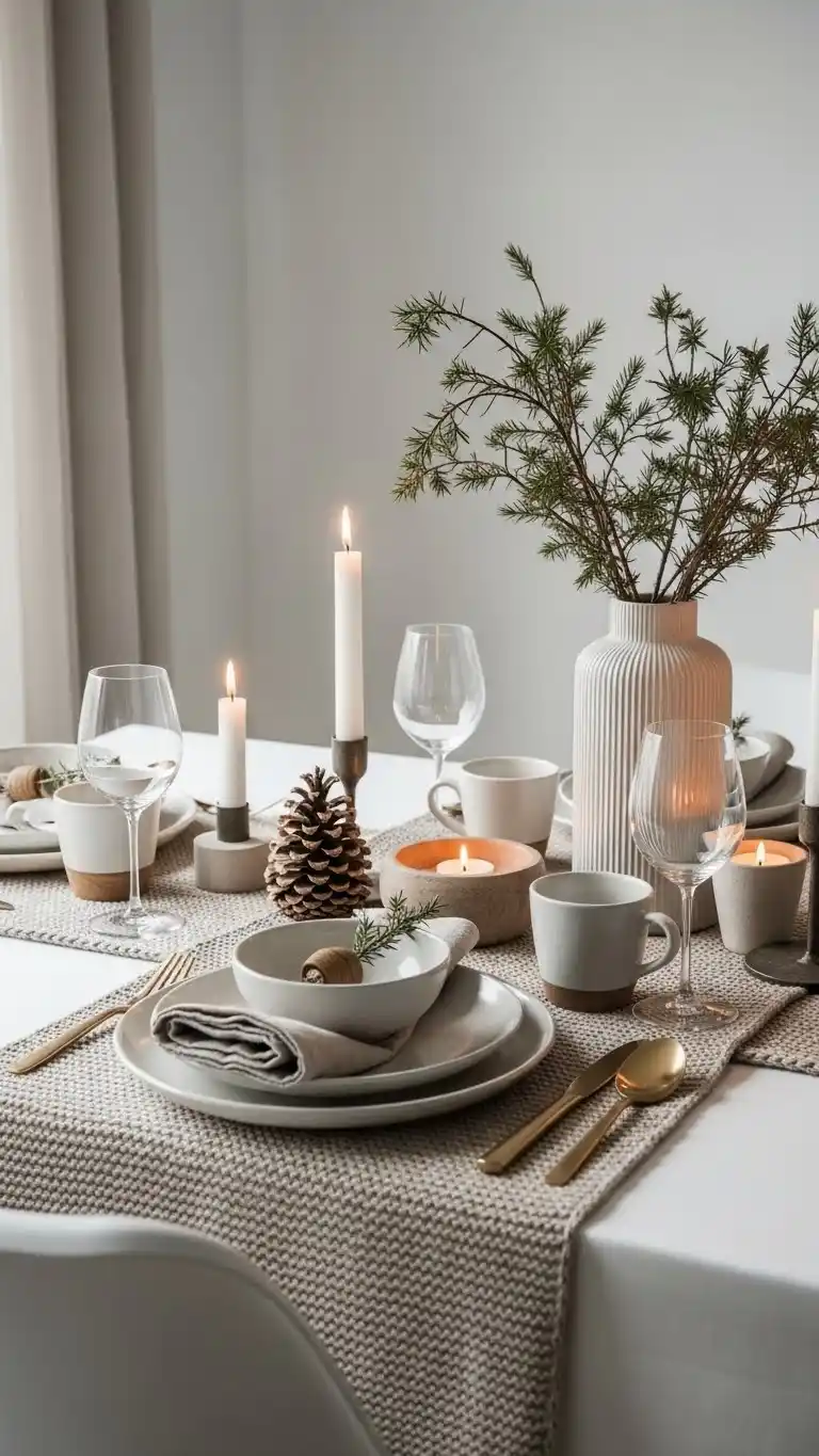 17 Christmas Table Settings for a Warm & Festive Look 8 4. Cozy Scandinavian Christmas Table Settings Using Soft Neutrals