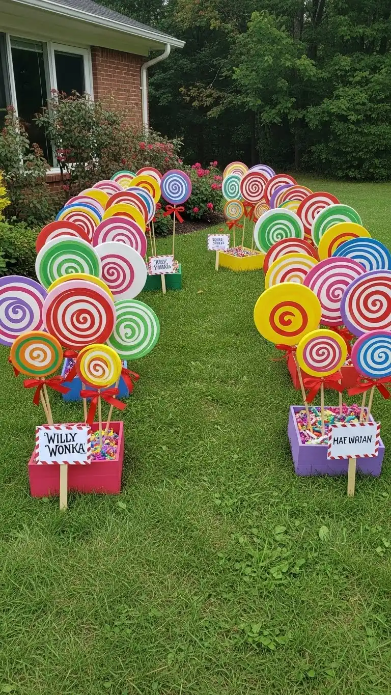 Fun & Colorful Willy Wonka Birthday Party Ideas 8 4. Giant Lollipop Garden Display