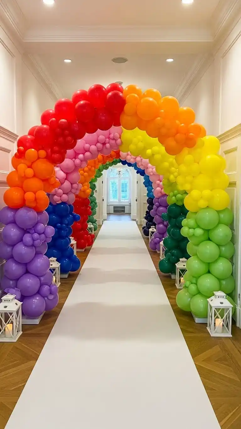 Vibrant & Chic Rainbow Party Ideas for Adults 8 4. Multicolor Balloon Pathway Entrance