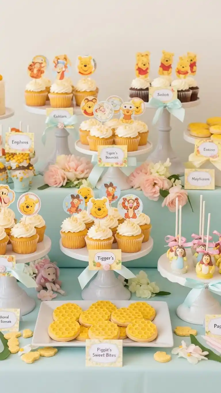 19 Winnie the Pooh Baby Shower Ideas for a Magical Day 8 4. Themed Dessert Table