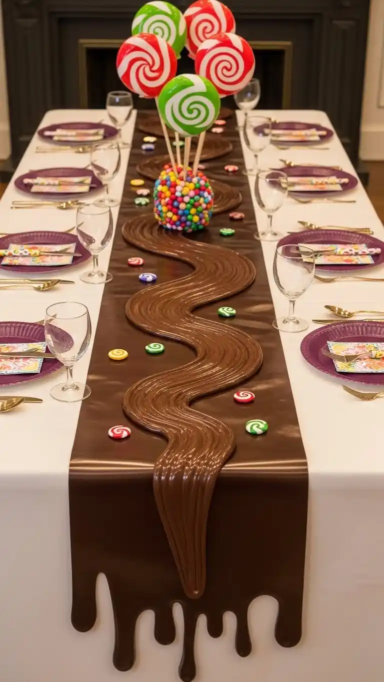 Fun & Colorful Willy Wonka Birthday Party Ideas 9 5. Chocolate River Table Runner