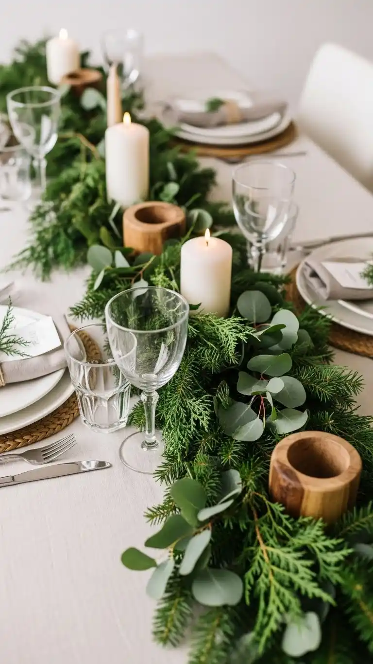 17 Christmas Table Settings for a Warm & Festive Look 9 5. Nature-Inspired Christmas Table Settings with Fresh Greenery