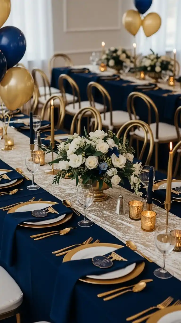 Blue Baby Shower Ideas: 23 Sweet & Stylish Looks 9 5. Navy and Gold Party Decor