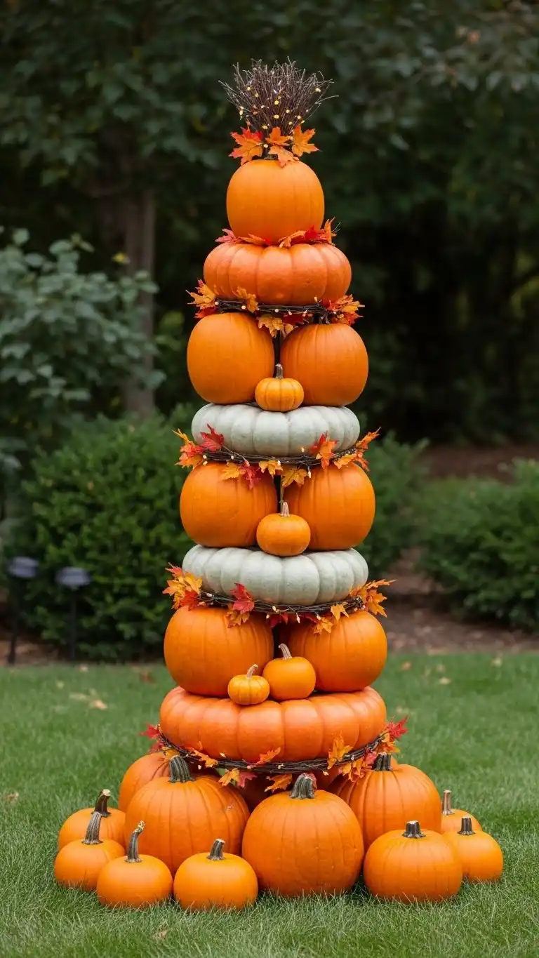 Outdoor Halloween Party Decor: 25 Spooky & Stylish Ideas 9 5. Pumpkin Tower Centerpiece for the Yard