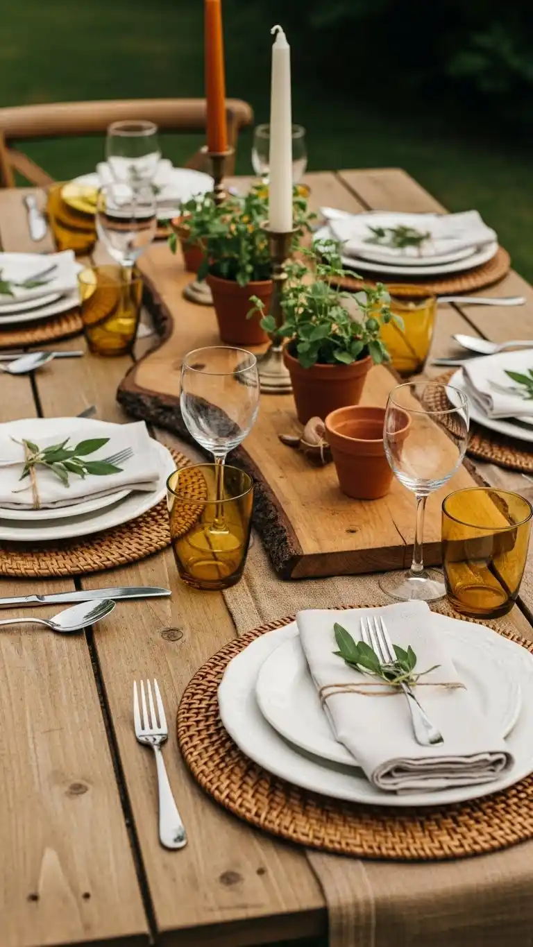 Simple & Chic Summer Dinner Party Table Settings 9 5. Rustic Outdoor Table Setting with Natural Wood Accents