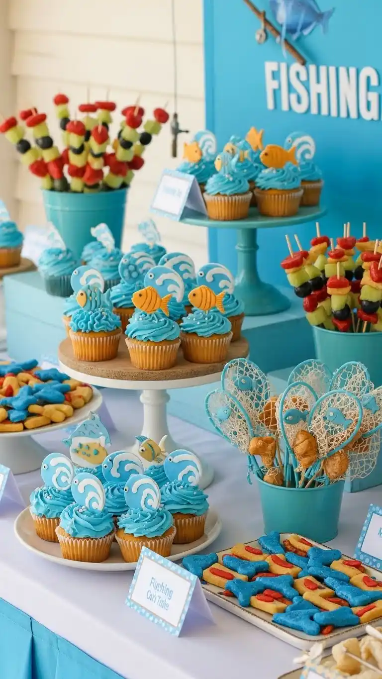 Fishing Birthday Party Ideas for Outdoor Fun 10 6. Fishing Themed Cupcake and Treat Table