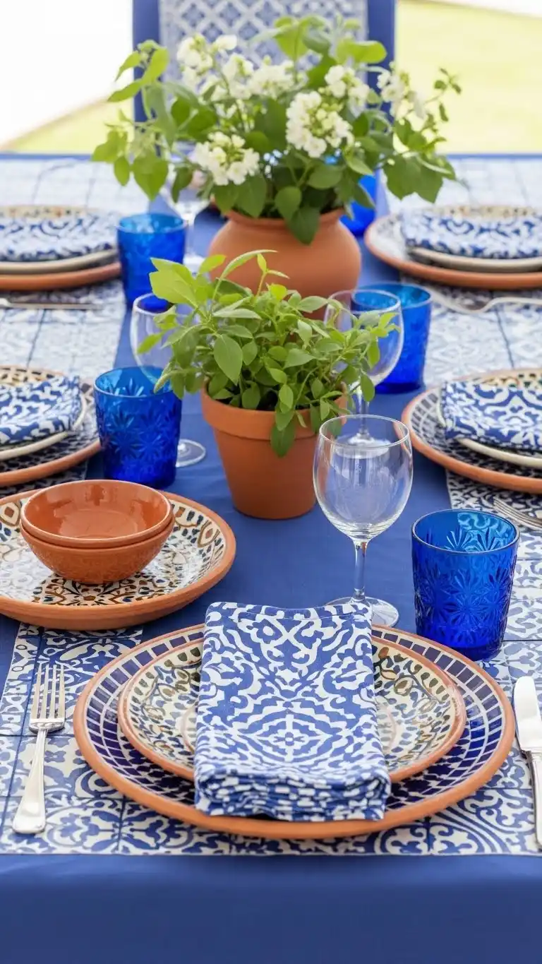 Simple & Chic Summer Dinner Party Table Settings 10 6. Mediterranean-Inspired Blue and Terracotta Theme