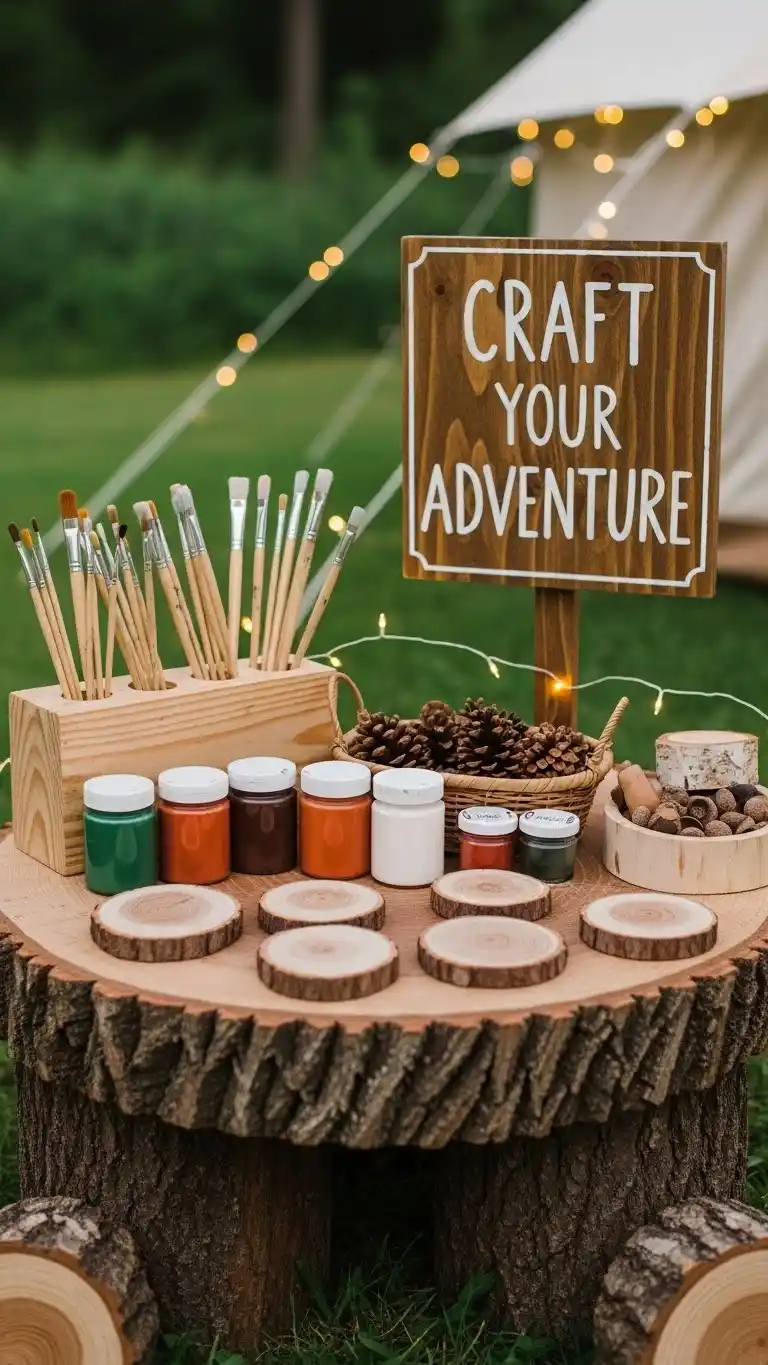 Camping Themed Birthday Party Ideas for Outdoor Fun 10 6. Rustic Tree-Slice Craft Station