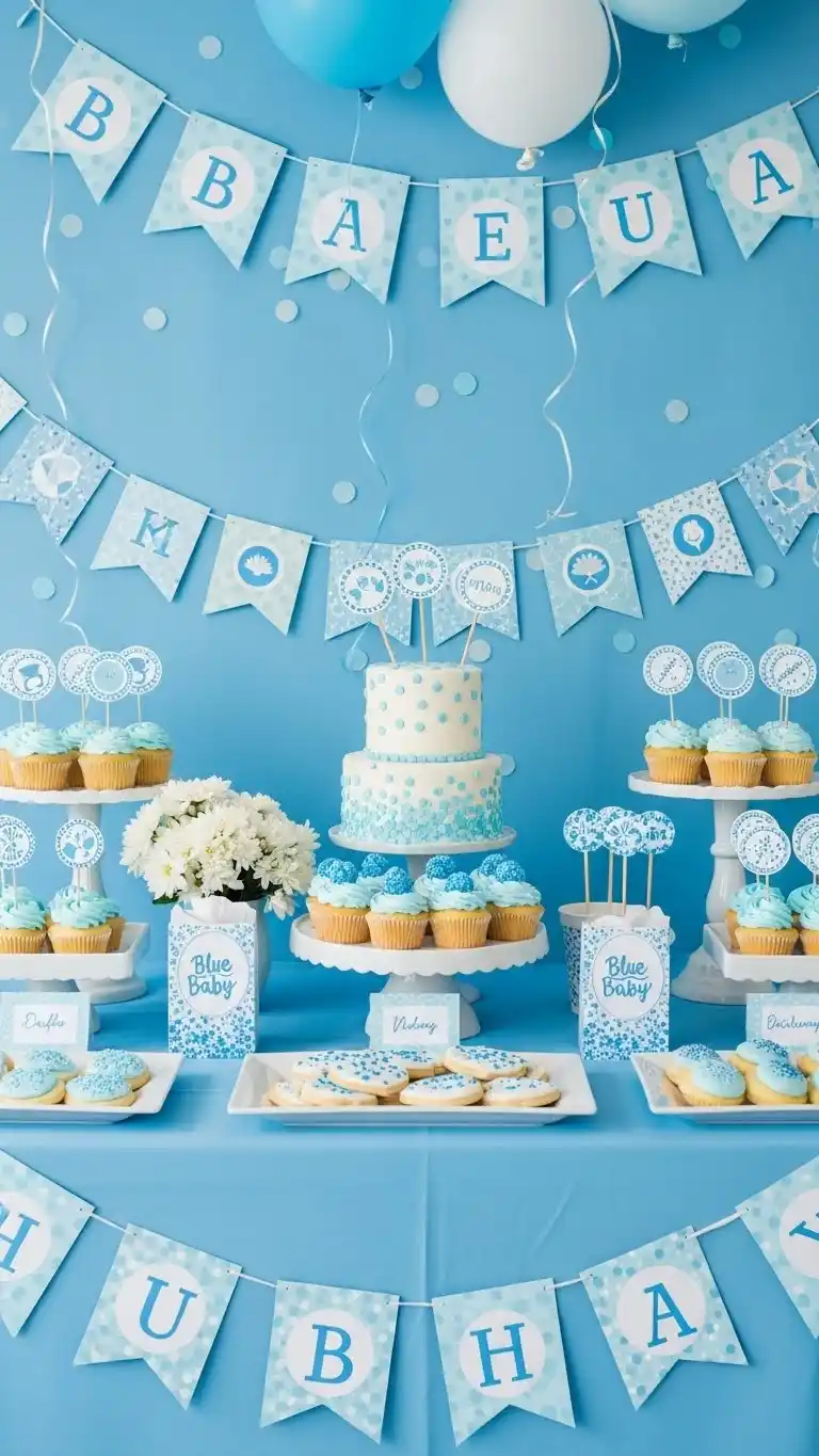 Blue Baby Shower Ideas: 23 Sweet & Stylish Looks 11 7. Blue Confetti-Themed Dessert Table