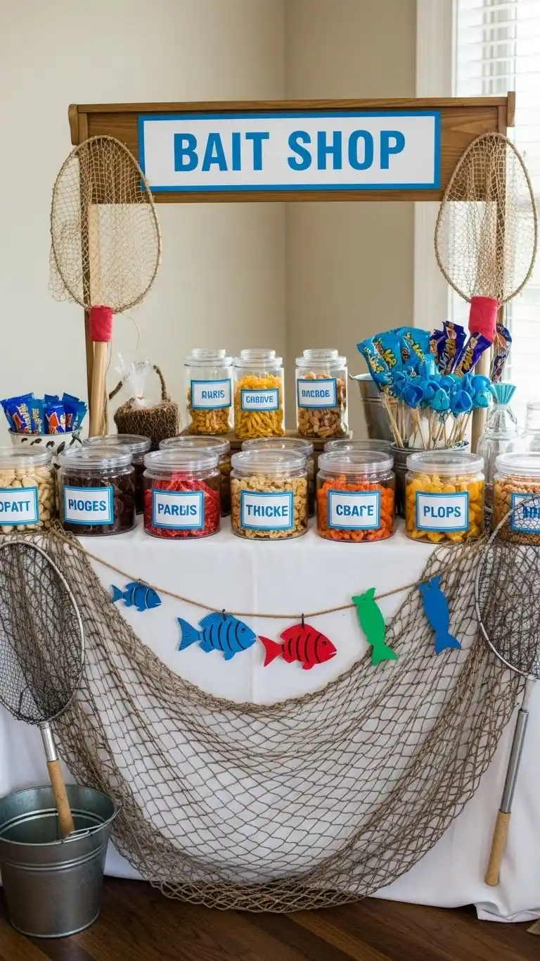 Fishing Birthday Party Ideas for Outdoor Fun 11 7. Decorated “Bait Shop” Snack Stand