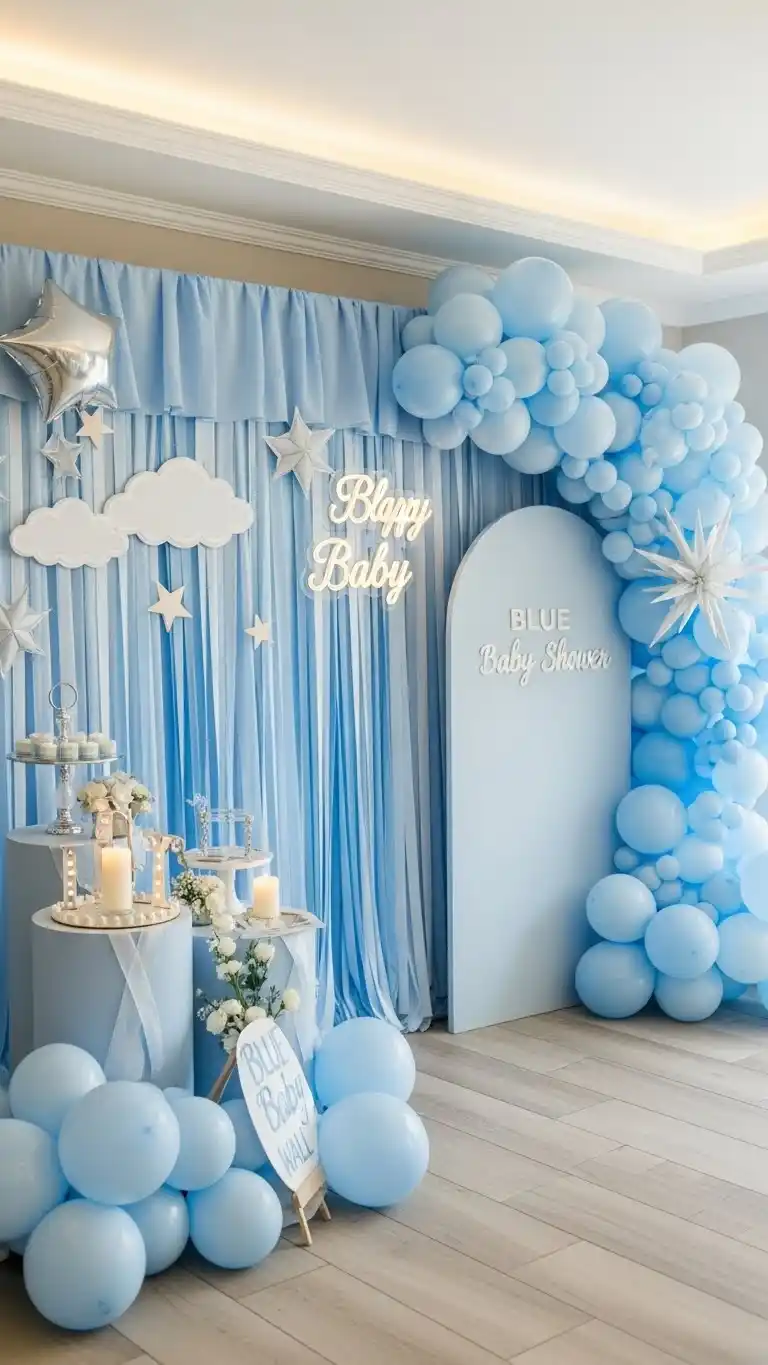 Blue Baby Shower Ideas: 23 Sweet & Stylish Looks 12 8. Blue Baby Shower Backdrop Wall