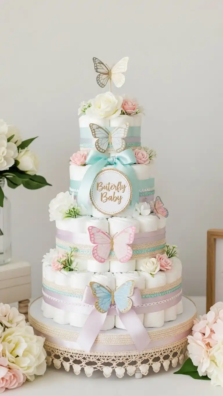 Butterfly Baby Shower Ideas: 21 Sweet & Stylish Looks 12 8. Butterfly Diaper Cake Display
