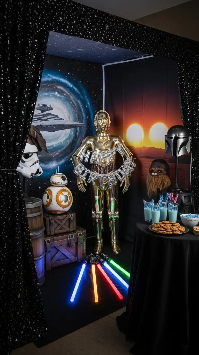 21 Star Wars Birthday Party Ideas for Adults That Wow 12 8. Galactic Photo Booth with Custom Backdrops